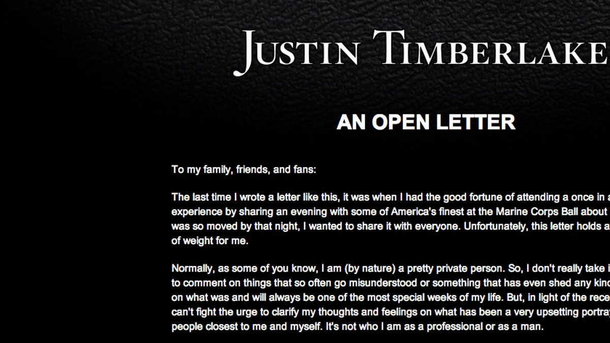 Timberlake publicerar nu ett öppet brev på sin hemsida.